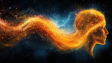 Golden Woman’s Face Flowing Through Stars in Cosmic Particle Stream