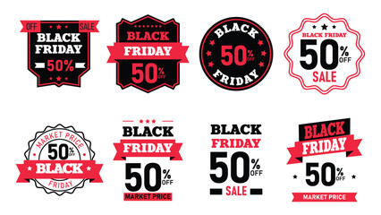 Obraz premium Various Black Friday promotional banners showcase discount percentages and sale announcements in a minimal vector design.
