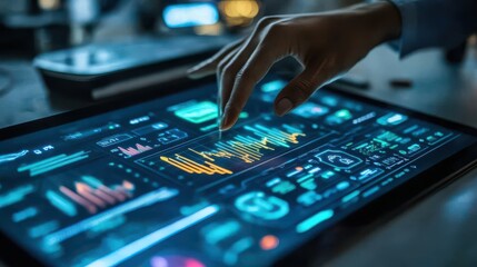 Hand Touching Digital Dashboard with Interactive Charts on Tablet