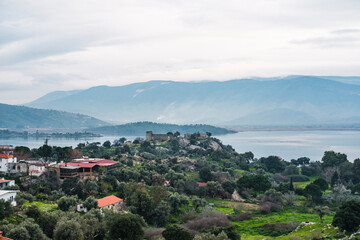 wide panoramic view of Bafa Lake amazing historical ancient place in Mugla, Turkey,  out of beaten path tourist destination, misty mountains, stillness of water, green habitat