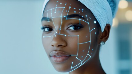 Young Woman with Facial Recognition Grid Overlay in Bright Minimal Setting