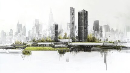 Obraz premium Futuristic Urban Landscape with Green Architecture and Skyscrapers in a Modern City Scene
