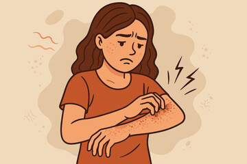 Woman suffering from skin irritation, scratching an itchy rash on her arm. Concept of eczema, dermatitis, psoriasis, or allergic reaction. Dermatology and skincare problem vector.