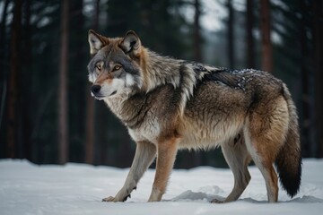 Fototapeta premium Wolf walking in a forest covered with snow during winter season