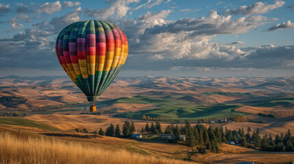 hot air balloon drifts serenely across a cerulean sky, its colorful fabric glistening in the warm sunlight.