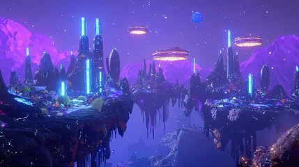 Fototapeta premium Floating city structures in a vibrant alien landscape.