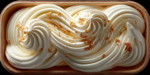 Creamy dessert served in a wooden container against a plain background featuring soft swirls and crunchy toppings