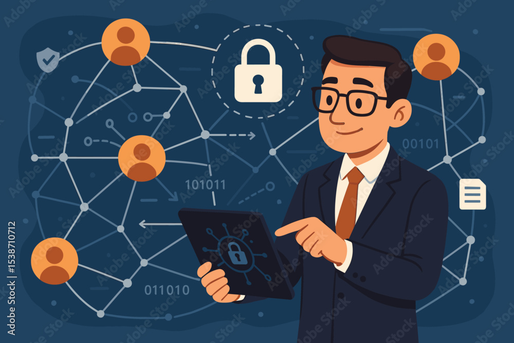 Poster cybersecurity specialist or data analyst managing network security and user privacy. concept of digi