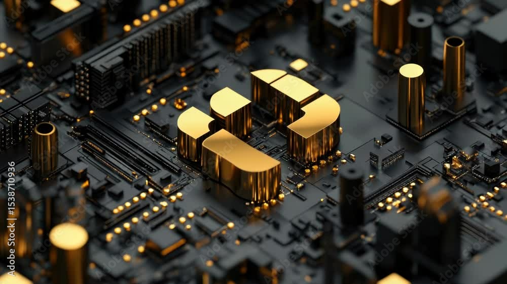 Poster high-quality image of a computer motherboard with prominent gold letters in focus
