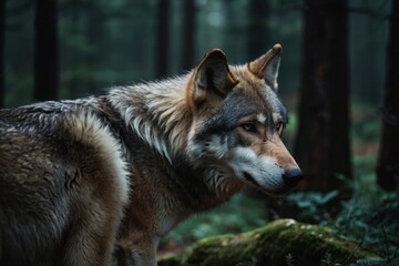 Obraz premium Wolf in Dark Forest Close-up Profile Stance Wild Canine Portrait