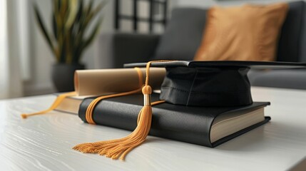 Graduation Cap, Tassel, Diploma, and Book Arrangement