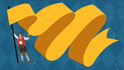 Bavarian man in traditional costume raises a glass of beer while holding a large yellow waving flag on a textured blue diamond background, styled in modern folk pop collage aesthetic