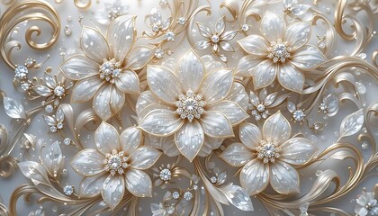 Elegant white flowers with gold accents and crystal embellishments in luxurious 3D style. Perfect for wedding decor, luxury branding, or background designs.