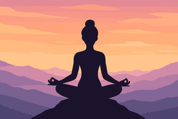 Woman meditating in lotus pose silhouette on a mountain top at sunset. Yoga and meditation concept for mindfulness, spiritual practice, inner peace, and wellness. Vector landscape.