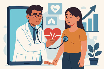 Telemedicine concept with online doctor on smartphone screen examining a patient. Virtual health care, remote medical consultation, digital technology, telehealth checkup illustration.