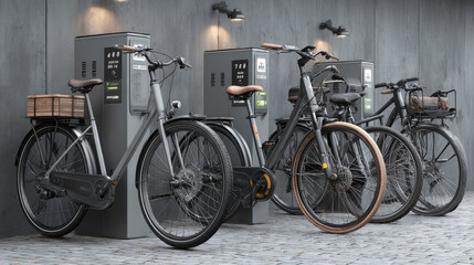 Eco-Friendly Transportation: Bicycles and electric scooters lined up at a sharing station