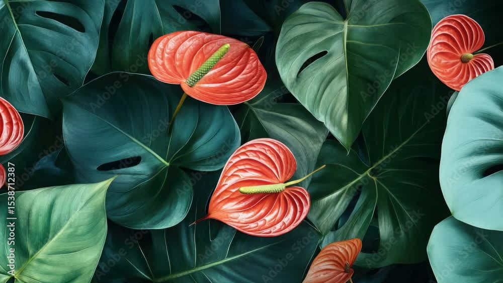 Poster a cluster of vibrant red flowers surrounded by fresh green leaves, perfect for adding a pop of color