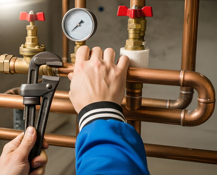 Man plumber repair household pipe. Maintenance and repair service in plumbing. Wrench fix to leaking pipes