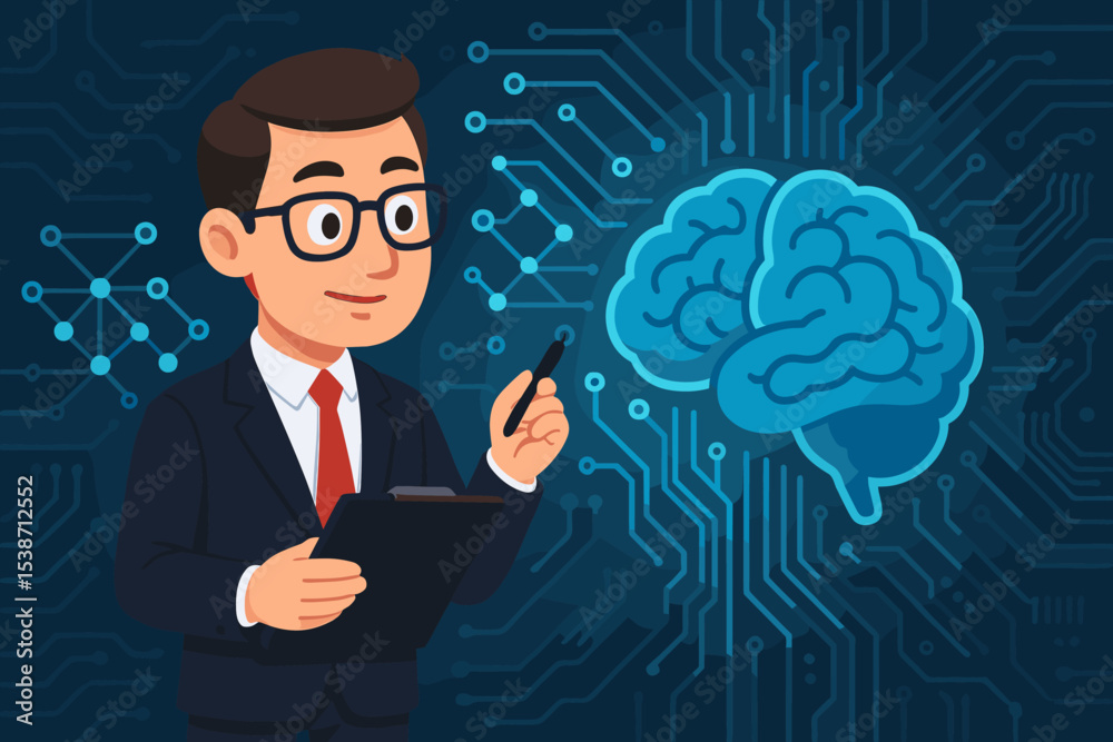 Aufkleber artificial intelligence concept with a scientist analyzing a digital brain and neural network. vecto