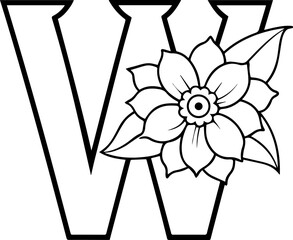 Alphabet W coloring page with the flower, W letter digital outline floral, ABC coloring page