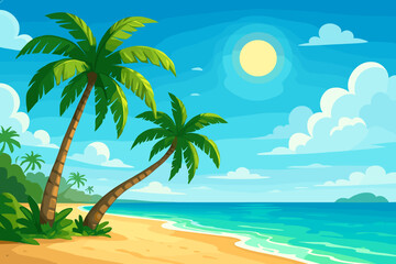 Fototapeta premium Tropical paradise beach with palm trees, sunny sky, and blue ocean. Summer vacation background concept. Cartoon vector illustration of a beautiful seaside landscape with sand and clouds.
