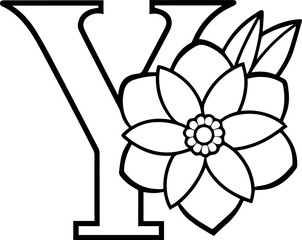 Alphabet Y coloring page with the flower, Y letter digital outline floral, ABC coloring page