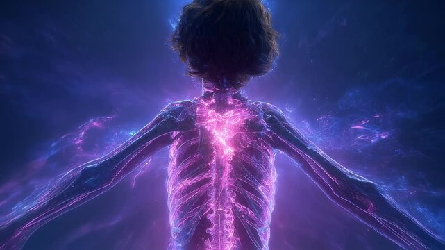 Pulsing purple and blue energy streams through child's spine and heart, revealing deep ancestral connection, representing family roots and spiritual heritage