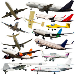 Collage of different modern airplanes on white background