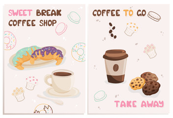 Vector design of a double brochure with coffee, croissants, cupcakes, cookies and macarons. Suitable for menu design, coffee shop ads, packaging and print