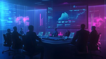 Business Insight: A group of professionals gather in a sleek, modern conference room, engrossed in a critical presentation of market trends and analysis on a large screen.