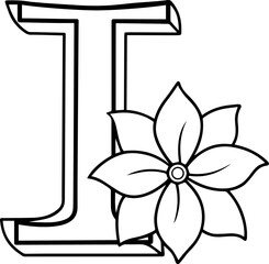 Alphabet I coloring page with the flower, I letter digital outline floral, ABC coloring page