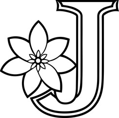 Alphabet J coloring page with the flower, J letter digital outline floral, ABC coloring page