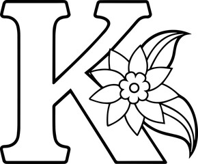 Alphabet K coloring page with the flower, K letter digital outline floral, ABC coloring page