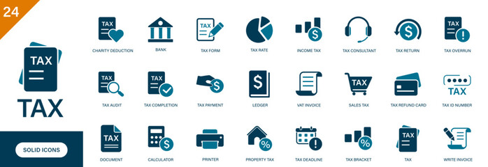 Tax icon. Tax form, finance, accounting, income tax, tax overrun, economy. Solid vector icons collection.