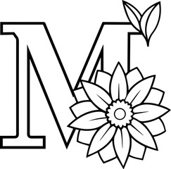 Alphabet M coloring page with the flower, M letter digital outline floral, ABC coloring page