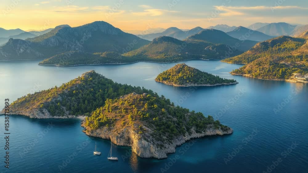 Poster A group of small islands in the middle of a body of water, suitable for use as a background or landscape element