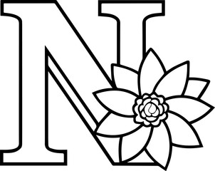 Alphabet N coloring page with the flower, N letter digital outline floral, ABC coloring page