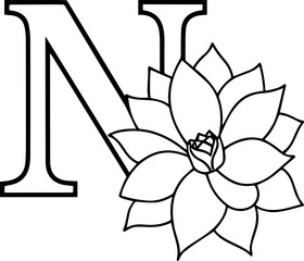 Alphabet N coloring page with the flower, N letter digital outline floral, ABC coloring page