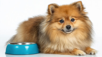 Obraz premium Pomeranian dog sitting next to a bowl of food, isolated on a white background.