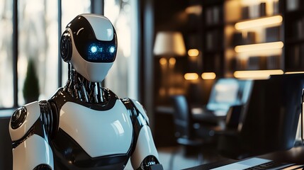 AI in Focus: A photorealistic robot poised in a domestic setting, exuding a calm, intellectual aura with glowing blue eyes, reflecting the convergence of artificial intelligence and home life.