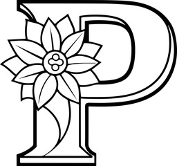 Alphabet P coloring page with the flower, P letter digital outline floral, ABC coloring page