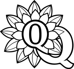 Alphabet Q coloring page with the flower, Q letter digital outline floral, ABC coloring page