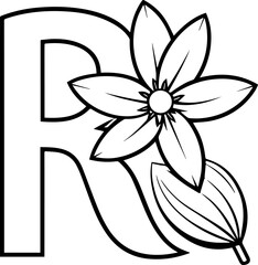 Alphabet R coloring page with the flower, R letter digital outline floral, ABC coloring page