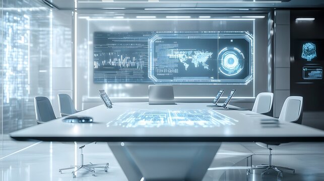 Futuristic Conference Room: An advanced, modern meeting space featuring high-tech holographic displays and sleek, minimalist design. conveying innovation and efficiency.