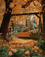 Autumnal Park Scene with Empty Wooden Swing and Fallen Leaves