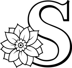 Alphabet S coloring page with the flower, S letter digital outline floral, ABC coloring page