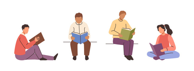 Characters reading books, students preparing for exams. Vector isolated people enjoying textbooks, literature education and studying. Personages doing exercises, bookworm hobby of men and women