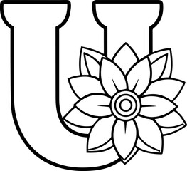 Alphabet U coloring page with the flower, U letter digital outline floral, ABC coloring page