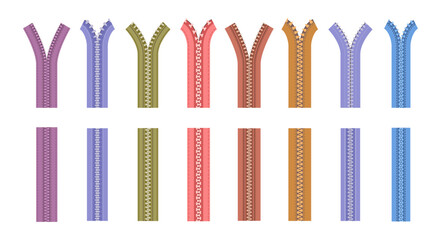 Clothes zippers and pullers for connecting and fastening piece of clothes. Vector in flat style, isolated set of modern or retro realistic clothing accessories of locks. Fasteners for garments © Sensvector
