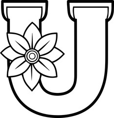 Alphabet U coloring page with the flower, U letter digital outline floral, ABC coloring page
